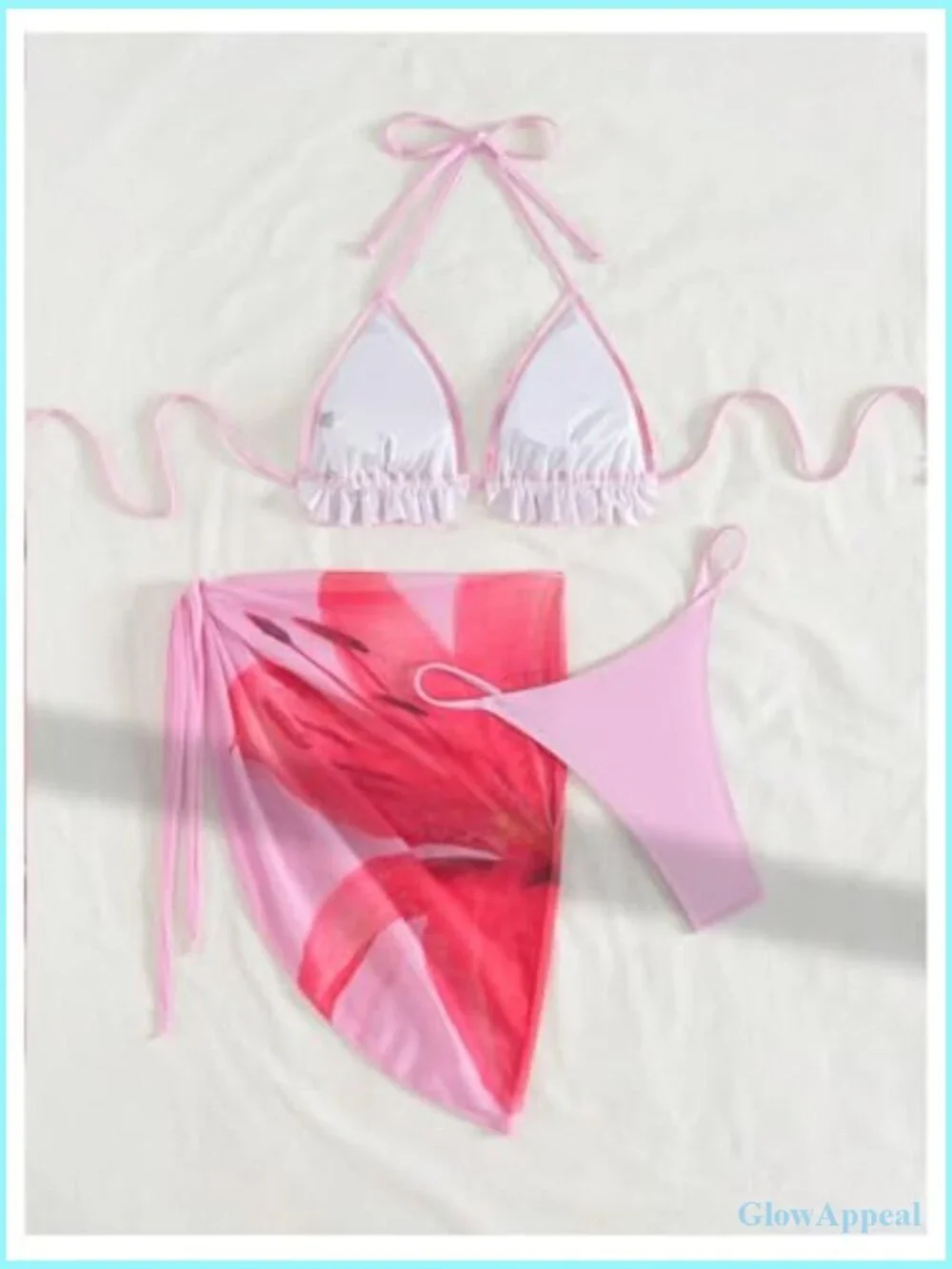 3 Piece Bikini Set with Sarong Cover Up Halter Triangle String Thong Swimsuit